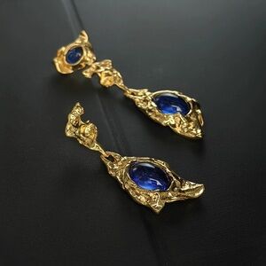 Gold-Tone Drop Earrings with Deep Blue Cabochons